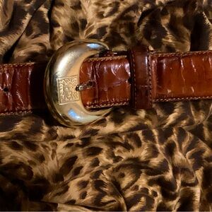 ANNE KLEIN LION 🦁 HEAD BROWN EMBOSSED ⚜️  LEATHER  BELT GOLD DEADSTOCK NWT 3X